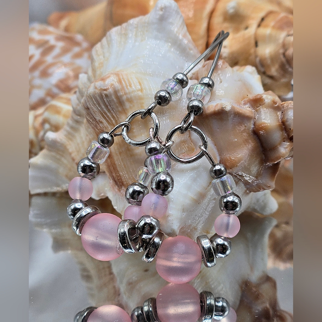 Elegant Pink And Silver Beaded Earrings 12$